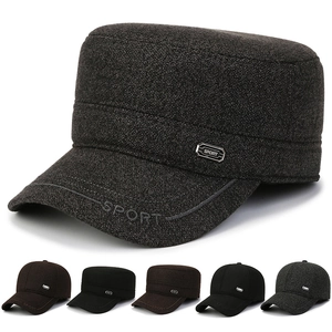Men Winter Cadet Cap Woolen Thickened Thermal Flat Top Hat With Ear Protection Adjustable Outdoor Sporty Casual Peaked Cap