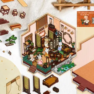 3D DIY miniature Jiangnan style architecture sticker set with furniture and animal motifs