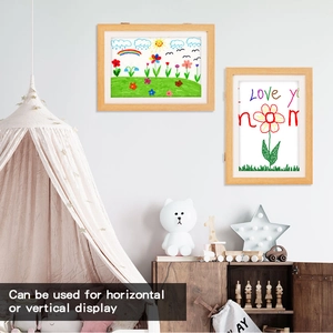 Detailed view of natural wood art frames shown in both vertical and horizontal wall mounting