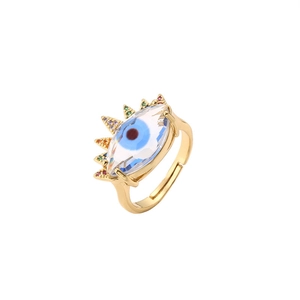 Gold adjustable evil eye ring with colorful zircon crown and marquise crystal centerpiece