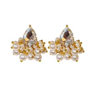 Elegant water drop diamond and pearl stud earrings with gold plating for women