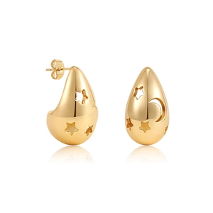 18K gold plated stainless steel teardrop earrings with hollow star and moon patterns