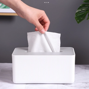 Modern minimalist white rectangular tissue box with gray lid on marble tabletop