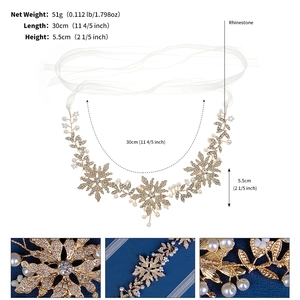 Detail view of gold floral headband with rhinestones, pearls and white ribbon ties