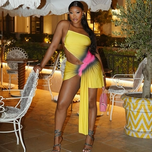 Asymmetric cut-out mini dress with yellow gradient print and side draping detail