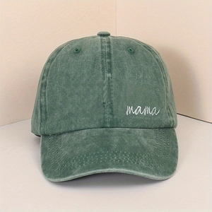 Close-up of Mama embroidery and vintage washed texture on the cotton baseball cap