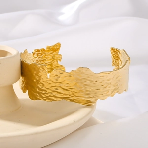 Vintage 18K gold plated stainless steel open cuff bracelet with leaf texture and hammered design