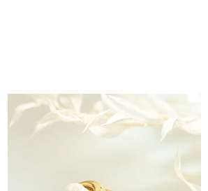 Gros plan d'une bague nœud croissant dorée sur fond beige avec des plantes séchées