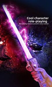 Close-up of a handheld purple glowing telescopic lightsaber toy with mechanical hilt detail