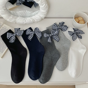 Retro grey plaid cotton crew socks with blue bowknot set of five assorted colors