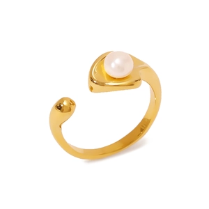 Elegant gold open ring with a single white round pearl on a clean white background