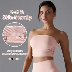 Soutien-Gorge Bandeau de Sport Froncé pour Femmes Haute Élasticité Sans Bretelles Sans Couture Yoga Crop Top pour Fitness Gym