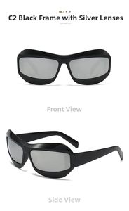 Vues détaillées de lunettes de soleil sport C2 noires avec verres à effet miroir argenté