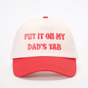 Two-tone baseball cap with red brim and Put It On My Dad's Tab 3D embroidery detail