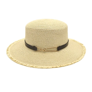Flat top straw boater hat with leather band and gold metal buckle for summer sun protection