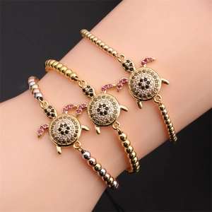 Sea Turtle Charm Bracelet Copper With Cubic Zirconia Adjustable Bead Chain Jewelry For Women Men 18K Gold Plated Style