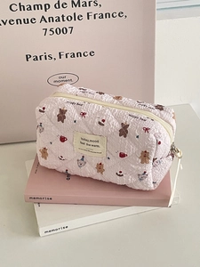 Trousse à maquillage rose matelassée avec motif ours et grande capacité de rangement