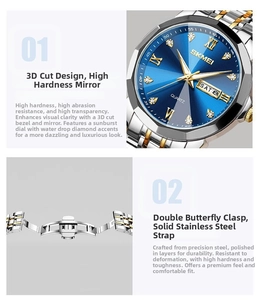 Macro view of 3D cut glass mirror and blue sunburst dial with gold markers