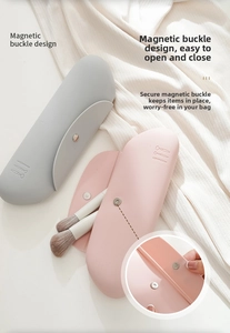 Silicone makeup brush storage case detail shot, featuring magnetic snap closure and soft texture.