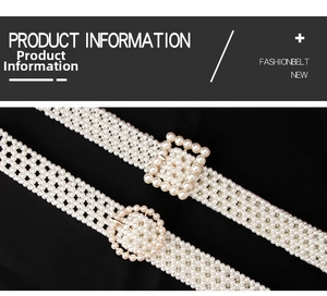 Detail of beaded pearl dress belts for women featuring elegant gold square and round buckles