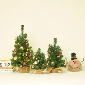 Three-piece mini Christmas tree set with warm LED lights and champagne gold ornaments