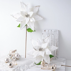 Elegant 40cm white artificial poinsettia with silver glitter and champagne ornaments