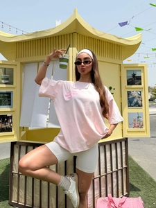 Women Oversized Pink T-Shirt Cotton Knitted Letter Print Drop Shoulder Round Neck Summer Streetwear Loose Fit Short Sleeve Top