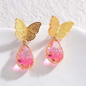 Golden butterfly drop earrings with pink water-drop crystal pendant for women