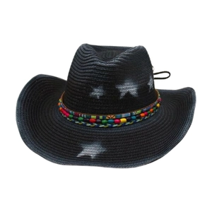 Chapeau de cow-boy noir en paille avec étoiles blanches et ruban ethnique à perles