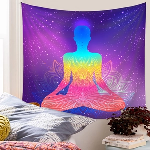 Cozy bedroom wall decor featuring a meditation mandala tapestry with purple nebula effect