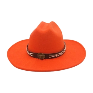 Detail of orange wool felt cowboy hat featuring brown leather band and bull head metal buckle