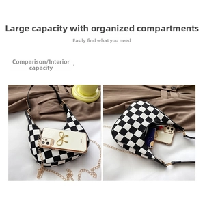 Detailed interior of checkerboard hobo bag showing space for phone and makeup
