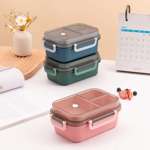 Dual-layer leakproof bento box with compartments in pink, green and blue pastel colors