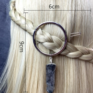 Natural crystal circular hair clip with black tourmaline pendant on golden braided hair