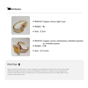 Detailed product size and material chart for zircon and tiger eye stone snake rings