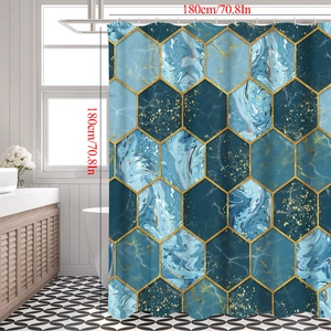 Dettaglio tenda doccia 180x180cm con motivo a esagoni in marmo blu e linee dorate
