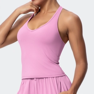 Pink V-neck brushed yoga tank top and shorts set with cross-back straps for workout