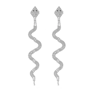 Elegant silver snake tassel earrings with white rhinestones and long drop design