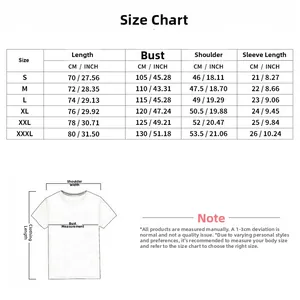 Size chart for men's solid color t-shirt with measurements in centimeters and inches