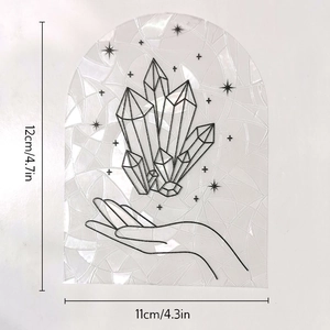 Detail view of rainbow prism window sticker with hand and crystal design, size 12x11cm
