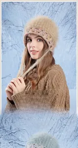 Detailed view of women's plush knit hat featuring crochet patterns and thermal lining