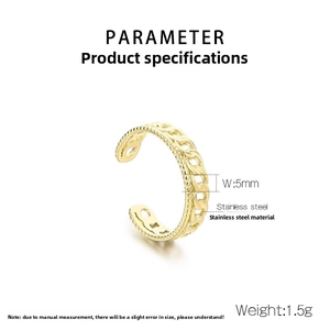 Détails sur la largeur de 5mm et le poids de 1,5g de la bague chaîne dorée en acier