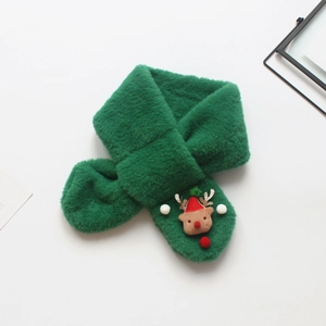 Close-up of green plush faux rabbit fur scarf with cute cartoon reindeer accessory