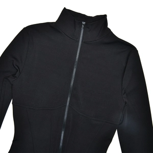 Detailed view of black slim-fit bodysuit featuring visible seams and front zipper