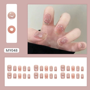 Pink cat eye press-on nails with glitter hearts and French tips design 30pcs set