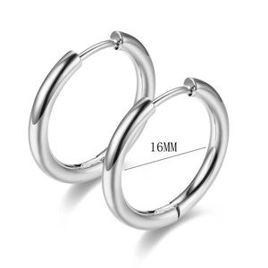 Minimalist 16mm silver titanium steel hoop earrings with a polished metallic finish