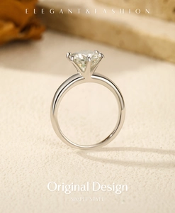 Macro detail of 2 carat round moissanite ring with elegant four-prong silver setting