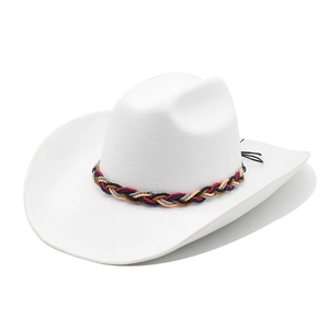 Detail of white wool cowboy hat with vibrant bohemian multi-colored braided hat band