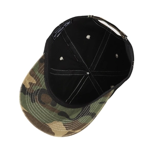 Detail view of the jungle camouflage underbrim and metal buckle of this outdoor cap