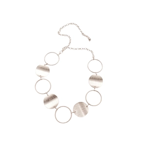 Minimalist silver oval link belt with brushed metal circles and adjustable chain closure